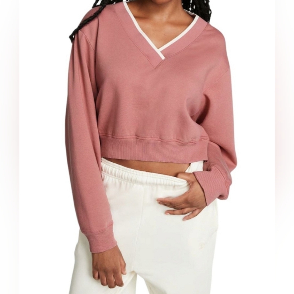 Women's PINK Victoria's Secret Cropped Sweatshirt XL Soft Begonia V-Neck